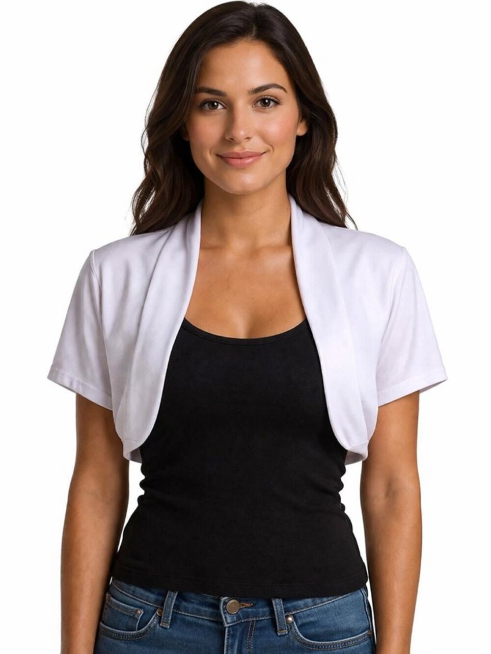 White Fitted Bolero Shrug Cropped Jacket Top w Open Front Size XL B38 - Hey Viv